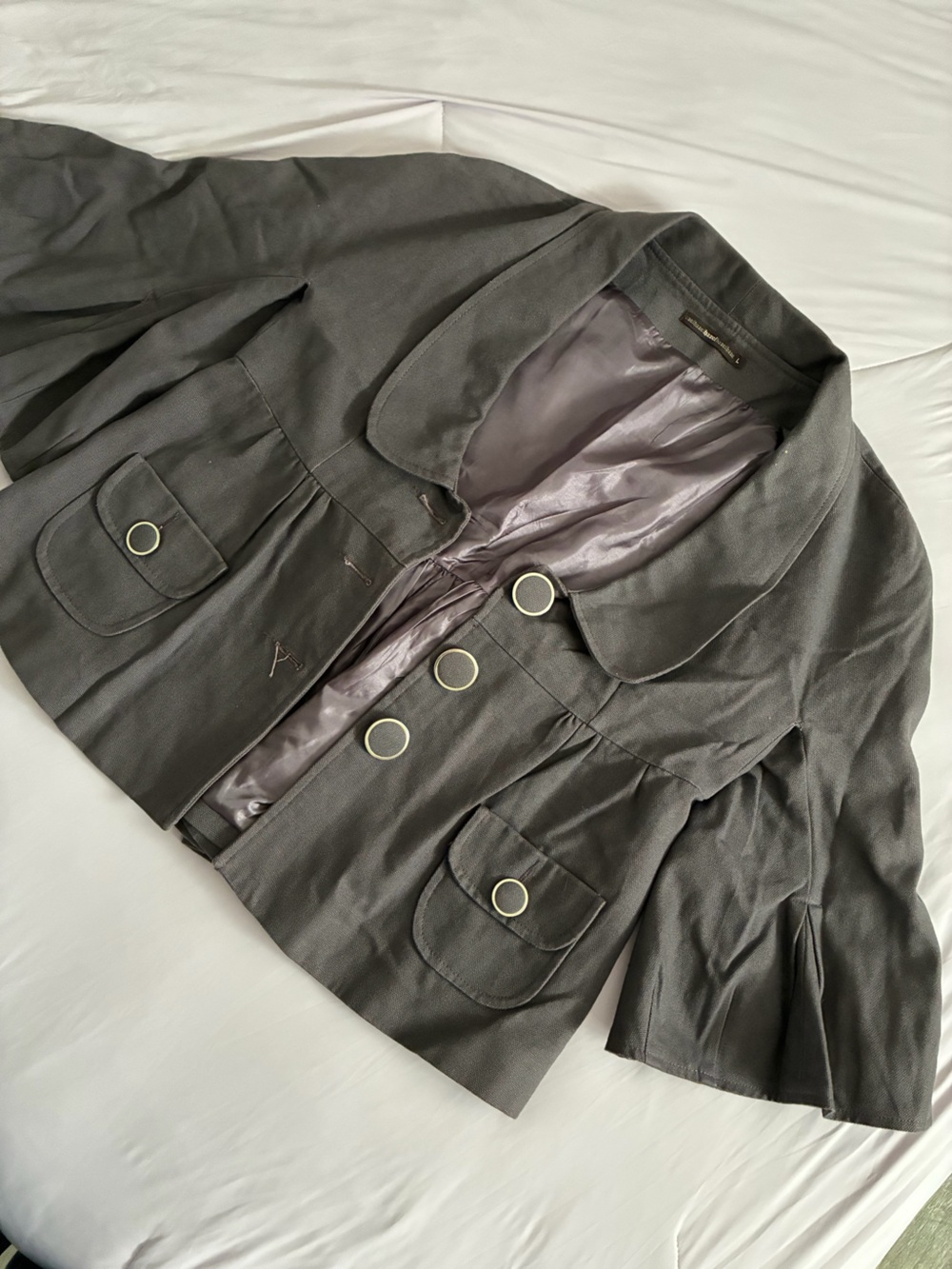 hazel Short Gray Cropped Blazer with Ring-Trim Buttons